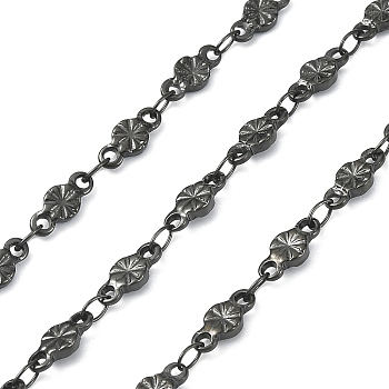 Ion Plating(IP) 304 Stainless Steel Link Chains, Soldered, with Spool, Flat Round with Flower, Gunmetal, Link: 8x3.5~4x1~1.2mm, about 32.81 Feet(10m)/Roll