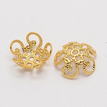 5-Petal Brass Fancy Bead Caps, Cadmium Free & Nickel Free & Lead Free, Flower, Golden, 4x10mm, Hole: 1mm