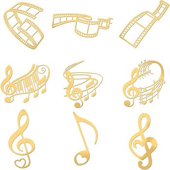 9Pcs 9 Styles Nickel Self-adhesive Picture Stickers, Golden, Movie Scenes & Music Note Pattern, Mixed Patterns, 40x40mm, 1pc/style