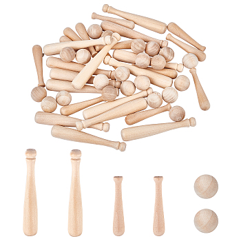 CHGCRAFT Unfinished Mini Wooden Half Drilled Beads, Baseball Bat, for DIY Keychain Decoration Accessories, with Round Beads, BurlyWood, 60pcs/set