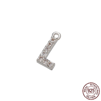 Real Platinum Plated Rhodium Plated 925 Sterling Silver Micro Pave Clear Cubic Zirconia Charms, Initial Letter, Letter L, 9x4.5x1mm, Hole: 0.9mm