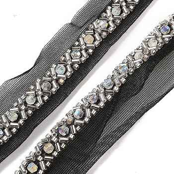 Polyester Flower Lace Trims, with ABS Imitation Pearl Beads and Glass, Black, 3/8 inch(11mm)