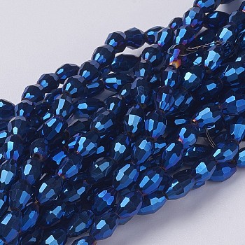 Electroplate Glass Beads, Blue Plated, Faceted Oval, 6x4mm, Hole: 1mm, about 67~68pcs/strand