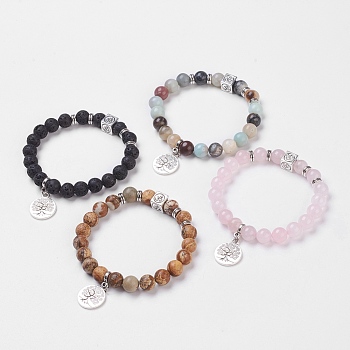 Natural Gemstone Stretch Bracelets, with Alloy Pendants & Findings, Tree of Life & Om Symbol, Burlap Packing, 2-1/8 inch(5.3cm)