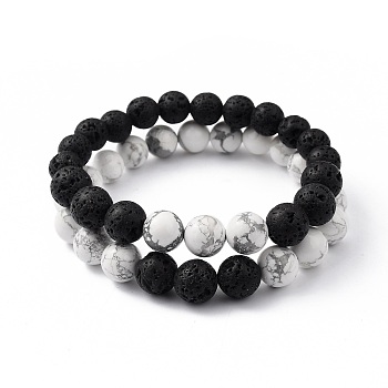 Natural Howlite & Lava Rock Beaded Stretch Bracelets Sets, Round, Inner Diameter: 2 inch(5.2cm), Beads: 8.5mm and 10.5mm, 2pcs/set