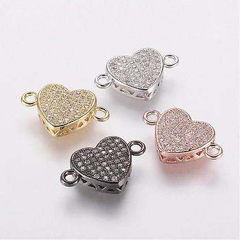 Brass Micro Pave Cubic Zirconia Links, Heart, Mixed Color, 18x11.5x4mm, Hole: 2mm