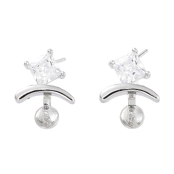 Rhodium Plated 925 Sterling Silver with Cubic Zirconia Stud Earring Findings, with S925 Stamp, for Half Drilled Beads, Real Platinum Plated, 15x11mm, Pin: 11x0.6mm