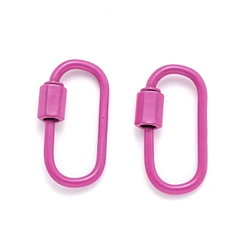 Spray Painted Brass Screw Carabiner Lock Clasps, for Necklaces Making, Oval, Deep Pink, 26x13x2mm