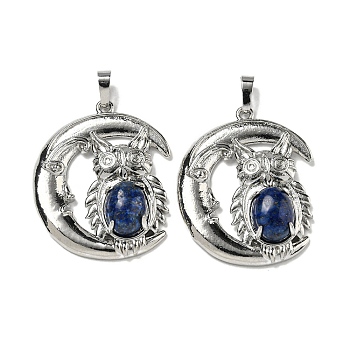 Dyed Natural Lapis Lazuli Pendants, Owl Charms with Rack Plating Brass Moon, Platinum, Cadmium Free & Lead Free, 38.5x31.5x8mm, Hole: 8x5mm
