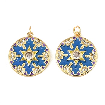 Brass Micro Pave Clear Cubic Zirconia Pendants, with Blue Enamel, Flat Round with Star Charms, Golden, 23.5x21x3mm, Hole: 3mm