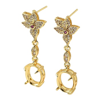 Rack Plating Brass with Cubic Zirconia Stud Earrings Finding, Lead Free & Cadmium Free, Flower, Golden, 41x13mm, Pin: 1mm