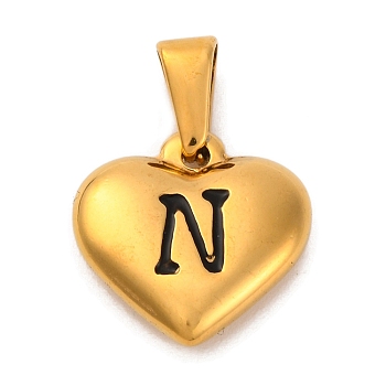 304 Stainless Steel Pendants, Heart with Black Letter, Golden, Letter N, 16x16x4.5mm, Hole: 7x3mm