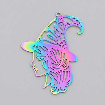 Ion Plating(IP) 201 Stainless Steel Pendants, Laser Cut, Witch, for Halloween, Rainbow Color, 43x30x1mm, Hole: 1.5mm