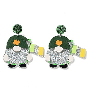 Saint Patrick's Day Sparkling Acrylic Dangle Stud Earrings, Gnome, Orange, 59x49mm