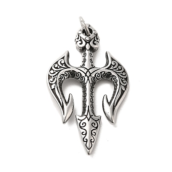 304 Stainless Steel Big Pendants, with Jump Ring, Three Teeth Fork Charm, Antique Silver, 64x35x5.5mm, Hole: 7mm