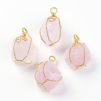 Natural Rose Quartz Big Pendants, with Golden Plated Brass Wire, Nuggets, 40~58x19~30mm, Hole: 7x9mm