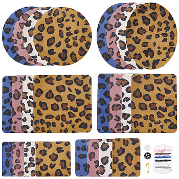 Leopard Print Pattern Cloth Iron on/Sew on Patches, Clothing Elbow Knee Repair Patch, Mixed Shapes, with Seing Needle, Thread, Button, Safety Pin, Mixed Color, Patches: 75~142x55~125x0.7mm, 24pcs/set