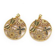 Autumn Theme Brass Micro Pave Cubic Zirconia Pendants, Long-Lasting Plated, Ring with Dragonfly & Butterfly & Flower, Real 18K Gold Plated, 31.5x28.5x5mm, Hole: 4x3mm(ZIRC-L100-022G)