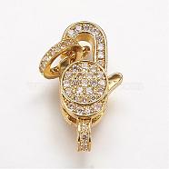 Brass Micro Pave Cubic Zirconia Lobster Claw Clasps, Golden, 21x10x5mm, Hole: 2mm(ZIRC-G095-57G)