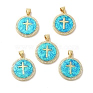 Rack Plating Brass Micro Pave Cubic Zirconia with Synthetic Opal Pendants, with Jump Ring, Lead Free & Cadmium Free, Long-Lasting Plated, Flat Round with Cross, Real 18K Gold Plated, 21.5x19x2.4mm, Hole: 5x3.6mm(KK-D088-06G)