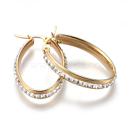 201 Stainless Steel Hoop Earrings, with Polymer Clay Rhinestone, Oval, Crystal, Golden, 36x23x5.5mm, Pin: 0.7mm(EJEW-A055-11G)