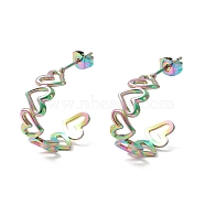 304 Stainless Steel C-shape Stud Earrings, Heart Wrap Half Hoop Earrings for Women, Rainbow Color, 19.5x25x8mm, Pin: 0.8mm(EJEW-P197-01MC)