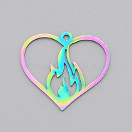 Ion Plating(IP) 201 Stainless Steel Pendants, Laser Cut, Heart with Flame, Rainbow Color, 25.5x28x1mm, Hole: 1.8mm(STAS-T056-LA468)
