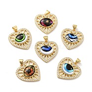 Heart Brass Micro Pave Clear Cubic Zirconia Pendants, with Resin Eyeball, Cadmium Free & Nickel Free & Lead Free, Real 18K Gold Plated, Mixed Color, 24x23x5mm, Hole: 3.5x5mm(KK-G419-11G)