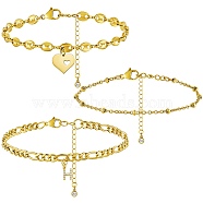 Anklets Sets, with Brass Micro Pave Cubic Zirconia Charms, 304 Stainless Steel Chain Extender & Figaro Chains & Pendant  & Lobster Claw Clasps & Cable Chains & Coffee Bean Chains, Letter.H, 9x6x1.5mm, 8-1/2 inch(21.5cm), 3pcs/set(AJEW-AN00383-08)