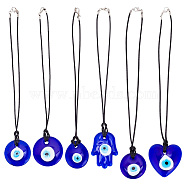 6Pcs 6 Styles Turkish Blue Evil Eye Glass Pendants Decorations, with Waxed Cord Hanging Car Interior Decoration, Mixed Shapes, 224~239mm, 1pc/style(HJEW-GO0001-05)