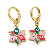Real 18K Gold Plated Brass Dangle Leverback Earrings, with Enamel and Cubic Zirconia, Evil Eye, Pearl Pink, 30.5x13mm(EJEW-A033-19G-04)