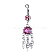 Piercing Jewelry, Brass Cubic Zirconia Navel Ring, Belly Rings, with Stainless Steel Findings, Lead Free & Cadmium Free, Flat Round with Leaf, Fuchsia, Platinum, 63x16mm(AJEW-EE0002-06P)