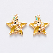 Brass Enamel Pendants, Nickel Free, Star with Unicorn, Real 18K Gold Plated, Yellow, 15.5x14x3.5mm, Hole: 1mm(KK-T049-024G-03-NF)
