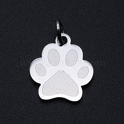 201 Stainless Steel Pet Charms, with Jump Rings, Dog Paw Prints, Stainless Steel Color, 13.5x12x1mm, Hole: 3mm(STAS-T049-T675-1)
