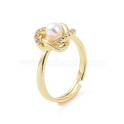 Brass Micro Pave Cubic Zirconia Adjustable Rings, Flower with Plastic Imitation Pearl Rings for Women, Real 18K Gold Plated, 2.5mm, Inner Diameter: US Size 7 1/4(17.5mm)(RJEW-J017-VC201)