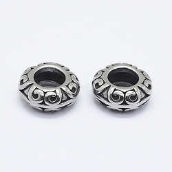 304 Stainless Steel Beads, Large Hole Beads, Flat Round, Antique Silver, 11x4.5mm, Hole: 5.5mm(STAS-O102-12AS)
