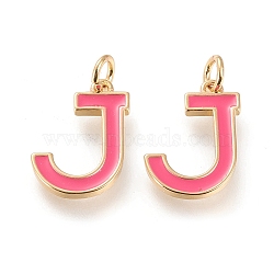 Brass Enamel Pendants, with Jump Ring, Long-Lasting Plated, Real 18K Gold Plated, Letter.J, Hot Pink, Letter.J, J: 17x12.5x1.8mm, Jump Rings: Inner Diameter: 3mm(KK-R139-01J)