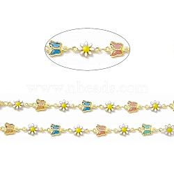 Handmade Glass Butterfly & Enamel Daisy Flower Link Chains, with Real 18K Gold Plated Brass Findings, Soldered, with Spool, Colorful, Butterfly: 7x11x2mm, Flower: 7.5x12.5x2mm(CHC-F015-15G-01)