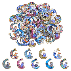 54Pcs 9 Styles Alloy Printed Pendants, Cadmium Free & Nickel Free & Lead Free, Moon with Owl, Mixed Color, 20.5x16x1.5mm, Hole: 1.5mm, 6pcs/style(FIND-DC0003-77)
