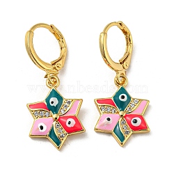 Real 18K Gold Plated Brass Dangle Leverback Earrings, with Enamel and Cubic Zirconia, Evil Eye, Pearl Pink, 30.5x13mm(EJEW-A033-19G-04)