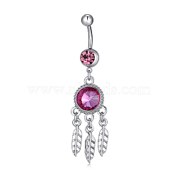 Piercing Jewelry, Brass Cubic Zirconia Navel Ring, Belly Rings, with 304 Stainless Steel Bar, Lead Free & Cadmium Free, Flat Round with Leaf, Fuchsia, Platinum, 63x16mm, Bar Length: 3/8"(10mm), Bar: 14 Gauge(1.6mm)(AJEW-EE0002-06P)