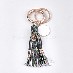 PU Leather Tassel Keychain, with Alloy Enamel Pendants, Iron Key Rings and Alloy Spring Gate Rings, Light Gold, Black, 121~128mm(KEYC-T004-05N)