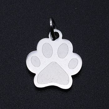 201 Stainless Steel Pet Charms, with Jump Rings, Dog Paw Prints, Stainless Steel Color, 13.5x12x1mm, Hole: 3mm