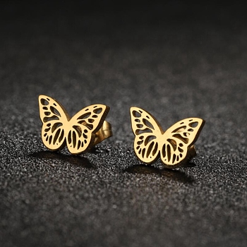 304 Stainless Steel Stud Earrings with 316 Surgical Stainless Steel Pins, Hollow Butterfly, Golden, 9x13mm