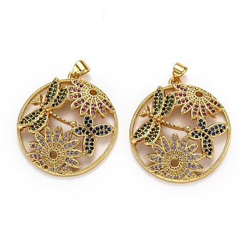 Autumn Theme Brass Micro Pave Cubic Zirconia Pendants, Long-Lasting Plated, Ring with Dragonfly & Butterfly & Flower, Real 18K Gold Plated, 31.5x28.5x5mm, Hole: 4x3mm