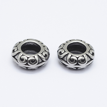 304 Stainless Steel Beads, Large Hole Beads, Flat Round, Antique Silver, 11x4.5mm, Hole: 5.5mm