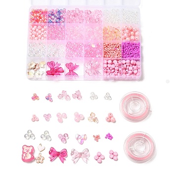 DIY Jewelry Kits, includ Acrylic Beads, ABS Plastic Imitation Pearl Beads, Glass Seed Beads, Alloy Enamel Pendants, Pink