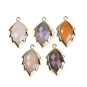 Natural Agate Faceted Leaf Pendants, Rack Plating Brass Charms, Golden, 23x13.5x5.5mm, Hole: 1.2mm