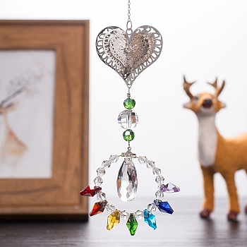 Metal Hanging Ornaments, Octagon Teardrop Glass Charm Suncatchers for Garden Outdoor Decorations, Heart, 320mm