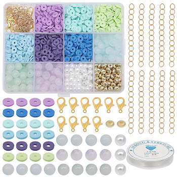 DIY Heishi Surfer Bracelet Making Kit, Including Glass Pearl & Polymer Clay Disc Beads, Alloy Clasps, Iron Chain Extender, Elastic Thread, Mixed Color, 1458Pcs/set